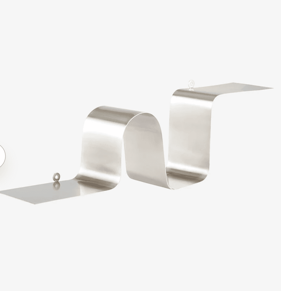 A wall-mounted shelf made from a single, continuous piece of polished metal, formed into a serpentin… — 3D model