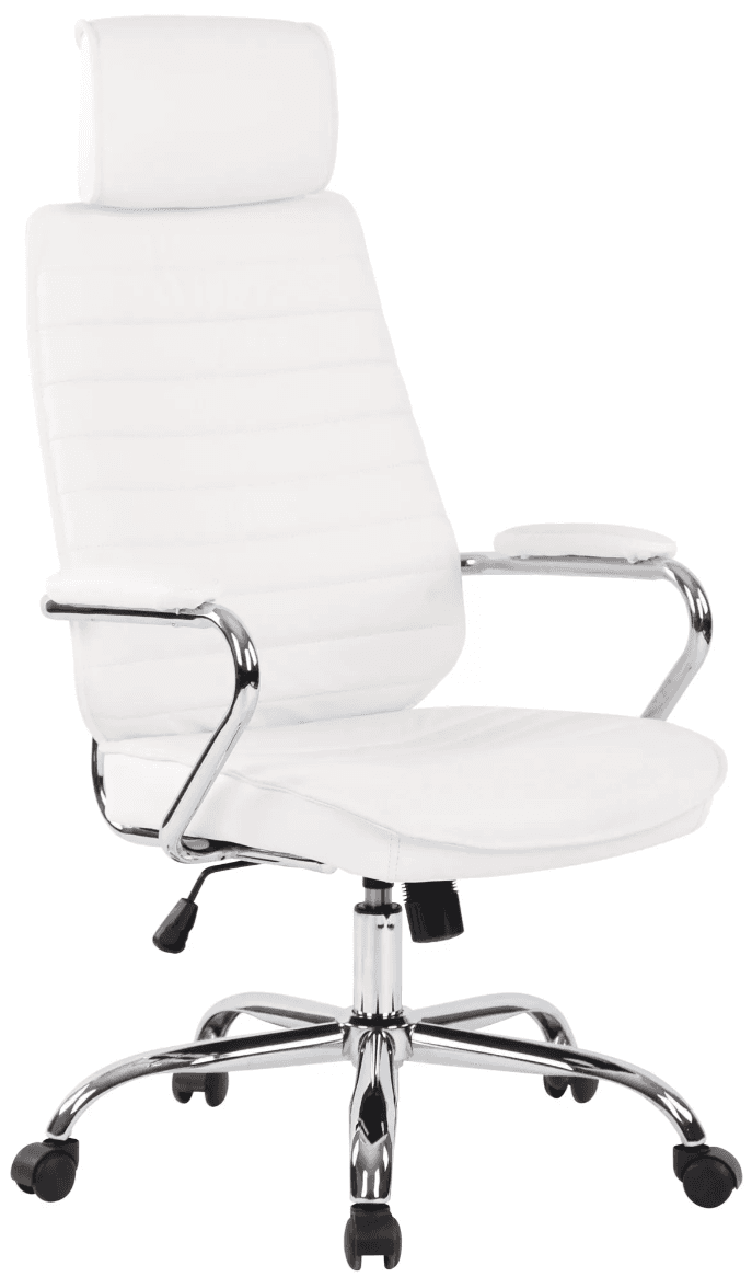 A modern high-back office chair featuring a ribbed design on the backrest and seat, upholstered in white faux leather. It includes a separate headrest, fixed armrests with padded tops, and a chrome-plated five-star base equipped with black casters for mobility. The chair has levers for height adjustment and tilt control. — 3D model