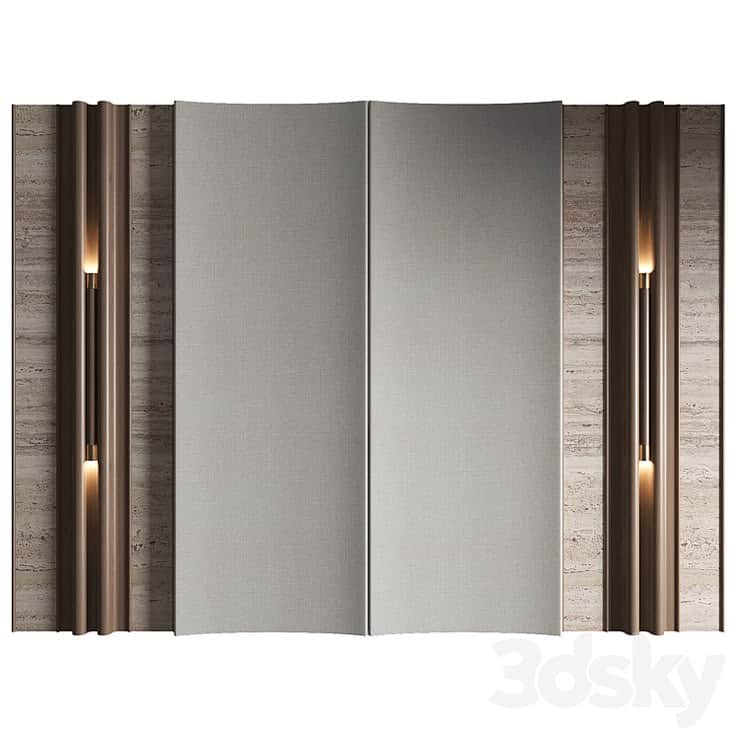 A contemporary panelized headboard system featuring central upholstered fabric panels, flanked by ve… — free SKP 3D model