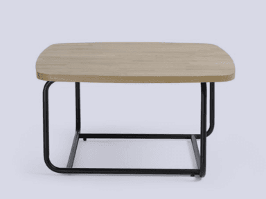 A modern coffee table featuring a light wood square top with subtly rounded corners, supported by a minimalist black metal frame that forms an open base. — 3D model