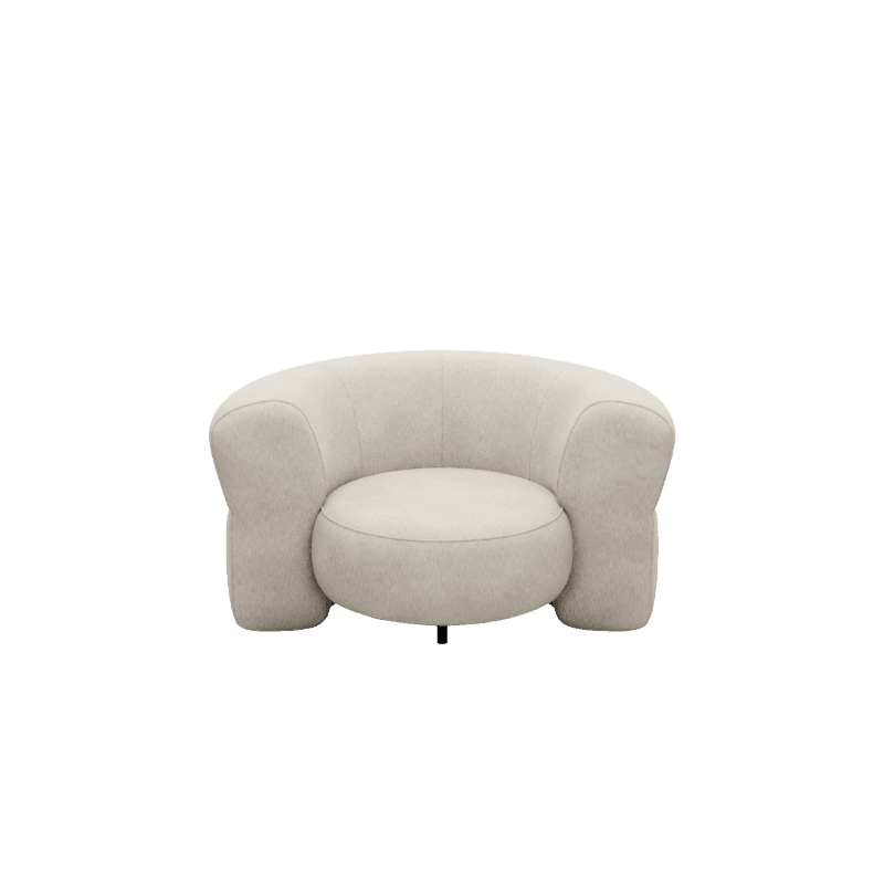 A contemporary, rounded barrel-style accent chair upholstered in a cream-colored, textured fabric, featuring a compact design with integrated arms and a concealed base. — 3D model