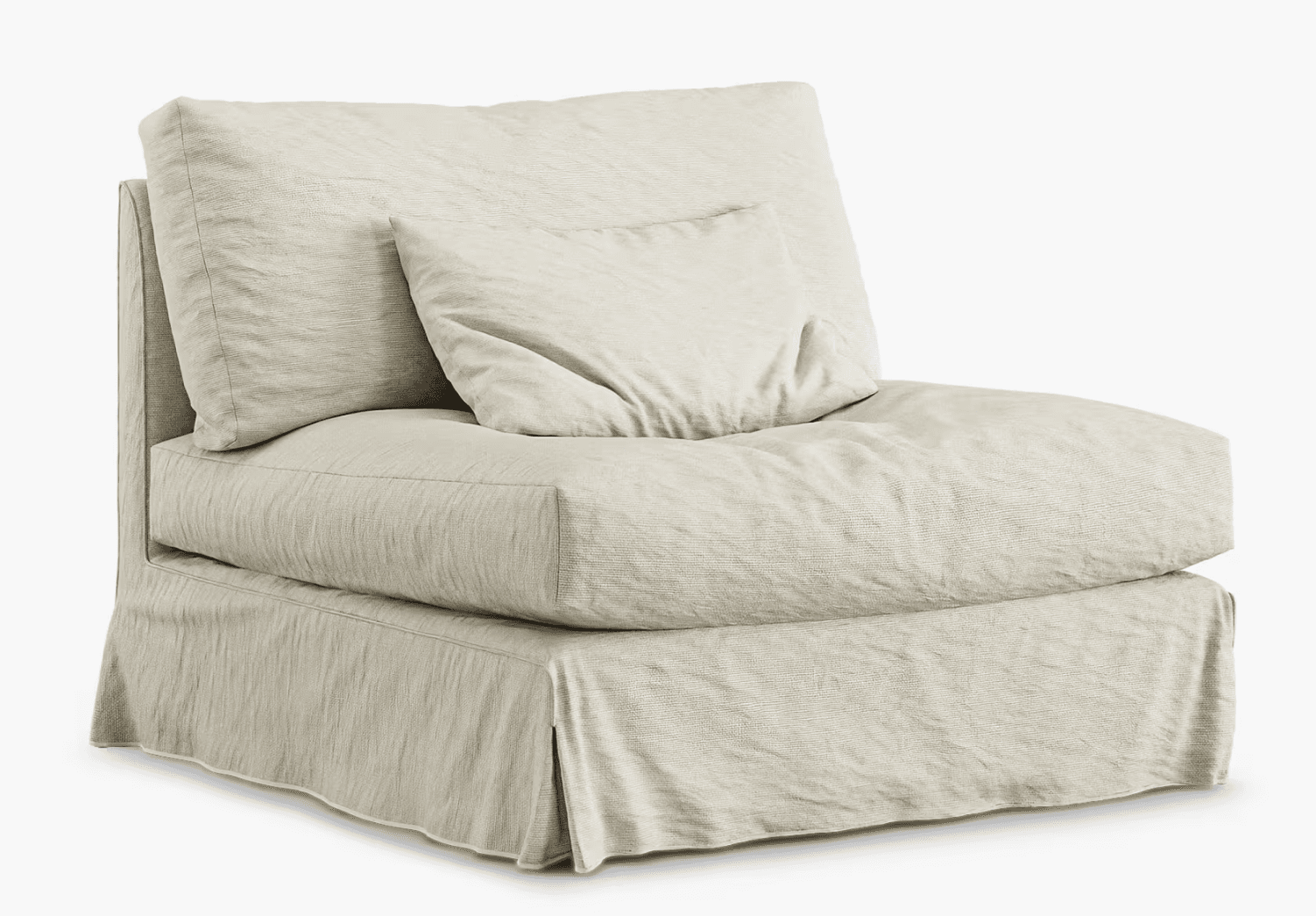 A plush armchair upholstered in a textured, light-colored fabric. It features a deep seat, a high back with a loose back cushion, and a smaller accent pillow. The base is covered with a skirted slipcover that drapes to the floor, with subtle pleats at the corners. The overall design suggests a comfortable and relaxed seating style. — 3D model