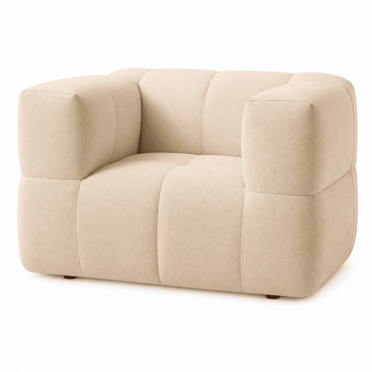 A contemporary, single-seater armchair featuring a distinct block-style silhouette, upholstered in a light beige textured fabric, designed for modern interiors. — 3D model