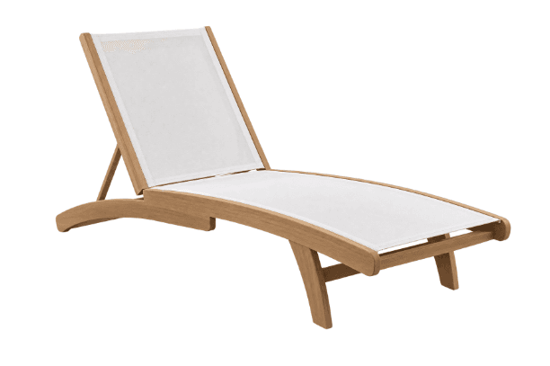An outdoor chaise lounge featuring a sturdy wooden frame and a white sling fabric for the seat and backrest. The backrest is adjustable, and the frame exhibits curved details, indicative of a design suitable for leisure. — 3D model