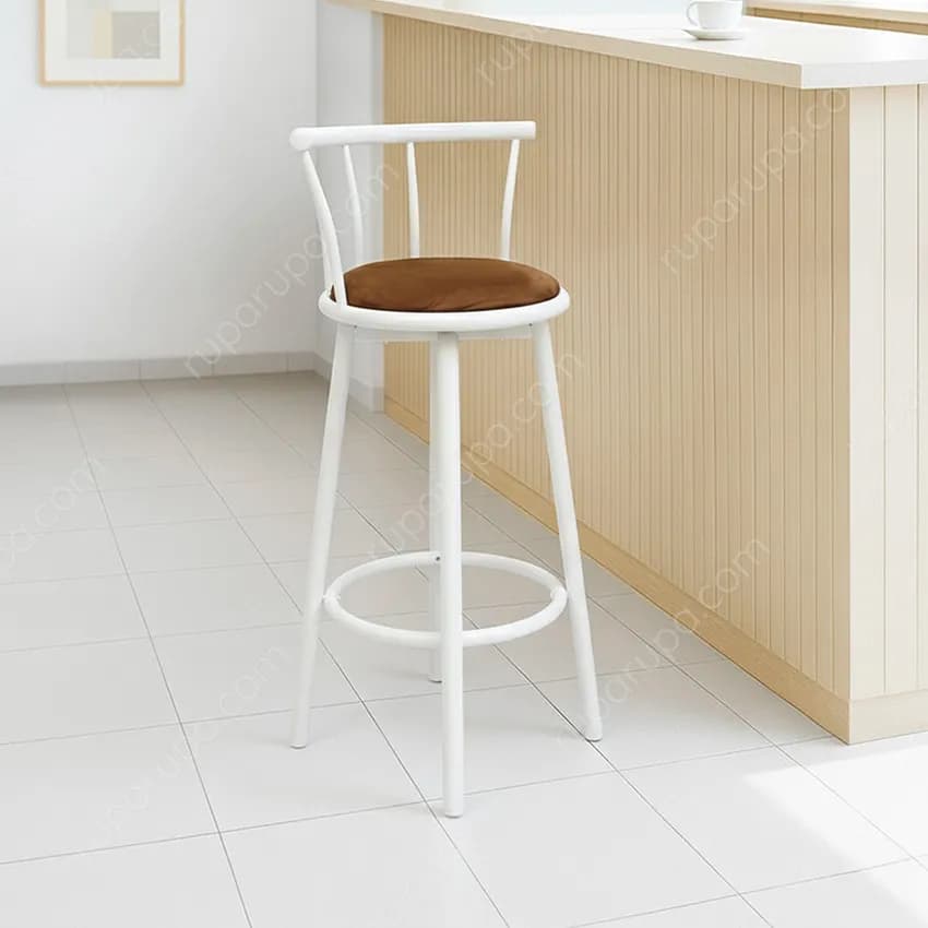 A tall bar stool featuring a white metal frame, a curved backrest with vertical spindles, a circular brown upholstered seat, and a circular footrest. — 3D model