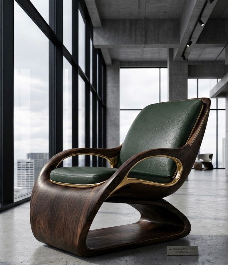 A sophisticated lounge chair featuring a continuous, curved frame crafted from dark-finished wood, possibly walnut, with a rich grain. The seat and backrest are upholstered in deep green, textured leather, providing a plush seating surface. Elegant brass accents are subtly integrated into the frame, highlighting its sculptural lines and adding a luxurious touch. The chair's design is contemporary with organic modern influences, characterized by its fluid form and material contrast. — 3D model