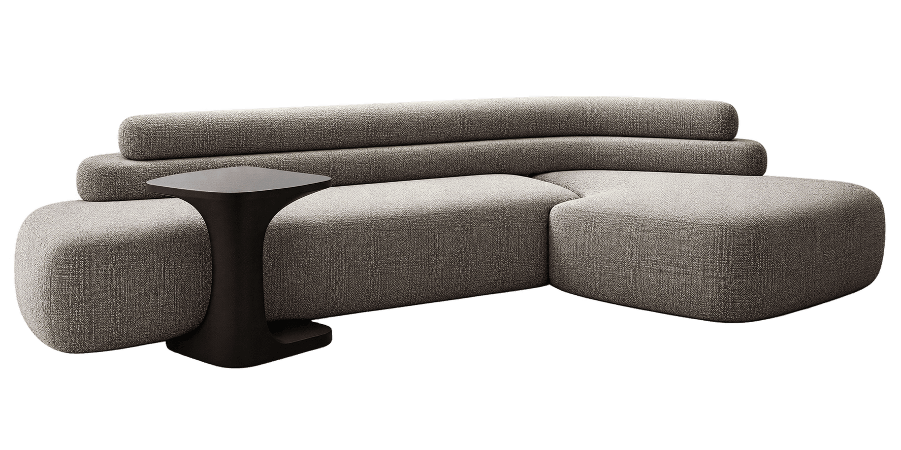 A contemporary L-shaped modular sectional sofa, upholstered in a textured grey fabric. It features rounded seat cushions and a distinctive backrest composed of layered, cylindrical forms. An integrated black pedestal side table is positioned within the corner of the sofa, offering a contrasting accent. — 3D model