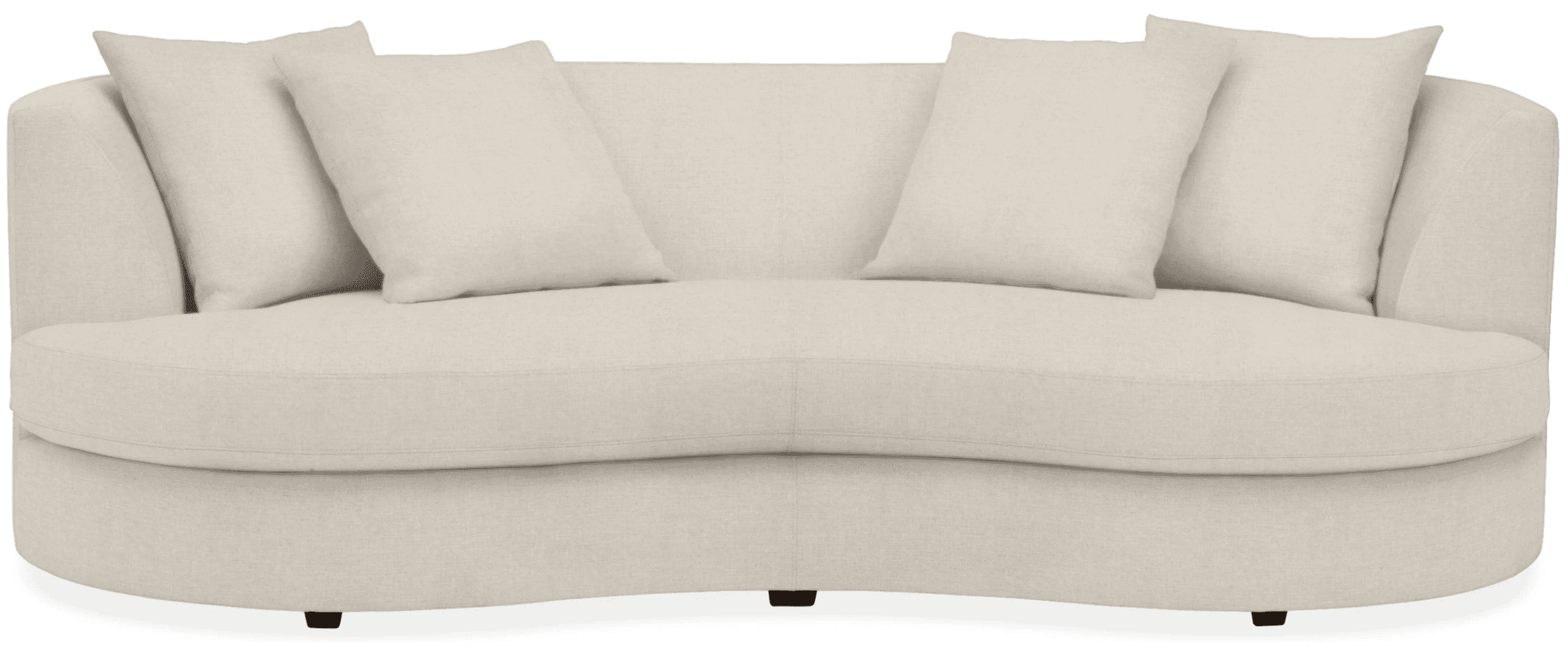 A curved sofa with a upholstered frame and four loose back cushions. The sofa has a gently sloping a… — free GLTF 3D model