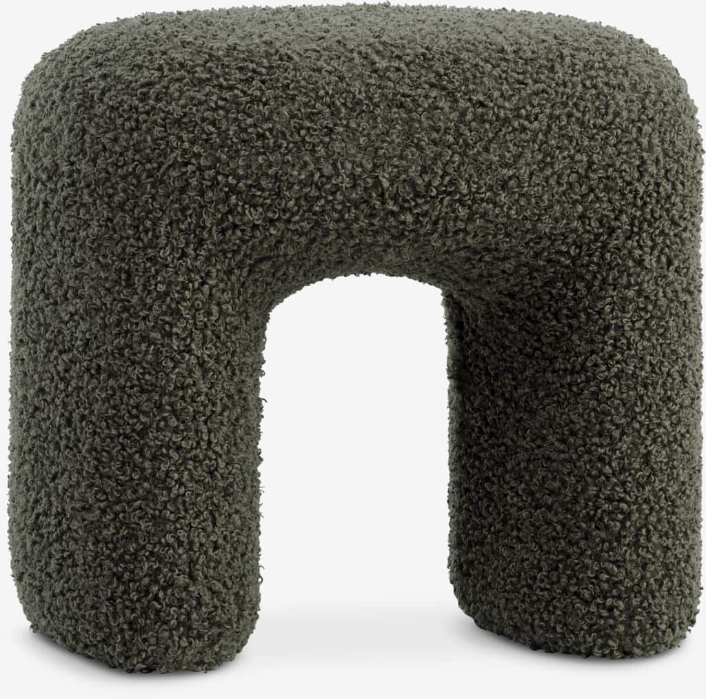A contemporary U-shaped stool upholstered entirely in a dark green, textured boucle fabric. The desi… — 3D model