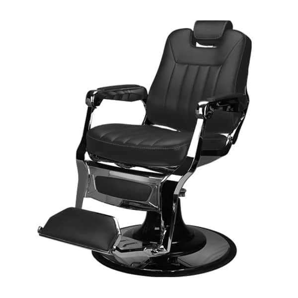 A classic-style hydraulic barber chair, featuring black upholstered seating with white stitching and… — 3D model
