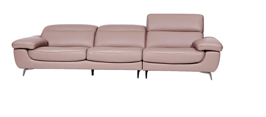 A contemporary three-seater sofa upholstered in a light mauve or pinkish-beige leather or faux leather. It features three distinct seat cushions and three backrests, with the rightmost backrest (from the viewer's perspective) showing an adjustable headrest in an upright position. The armrests are wide, curved, and plush. The sofa is supported by low-profile legs, with the outer legs being angular chrome-finished and the interior legs appearing as cylindrical black supports. — 3D model