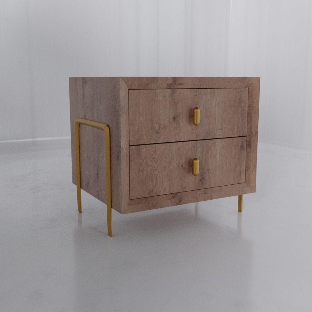A contemporary nightstand featuring two drawers with recessed fronts and gold-finished oval pull handles. The body of the nightstand is constructed from a light brown wood-look laminate, showcasing a visible wood grain texture. It stands on a distinctive gold-finished metal frame that wraps around the sides and forms the legs, providing a modern and elegant contrast to the wooden finish. — 3D model