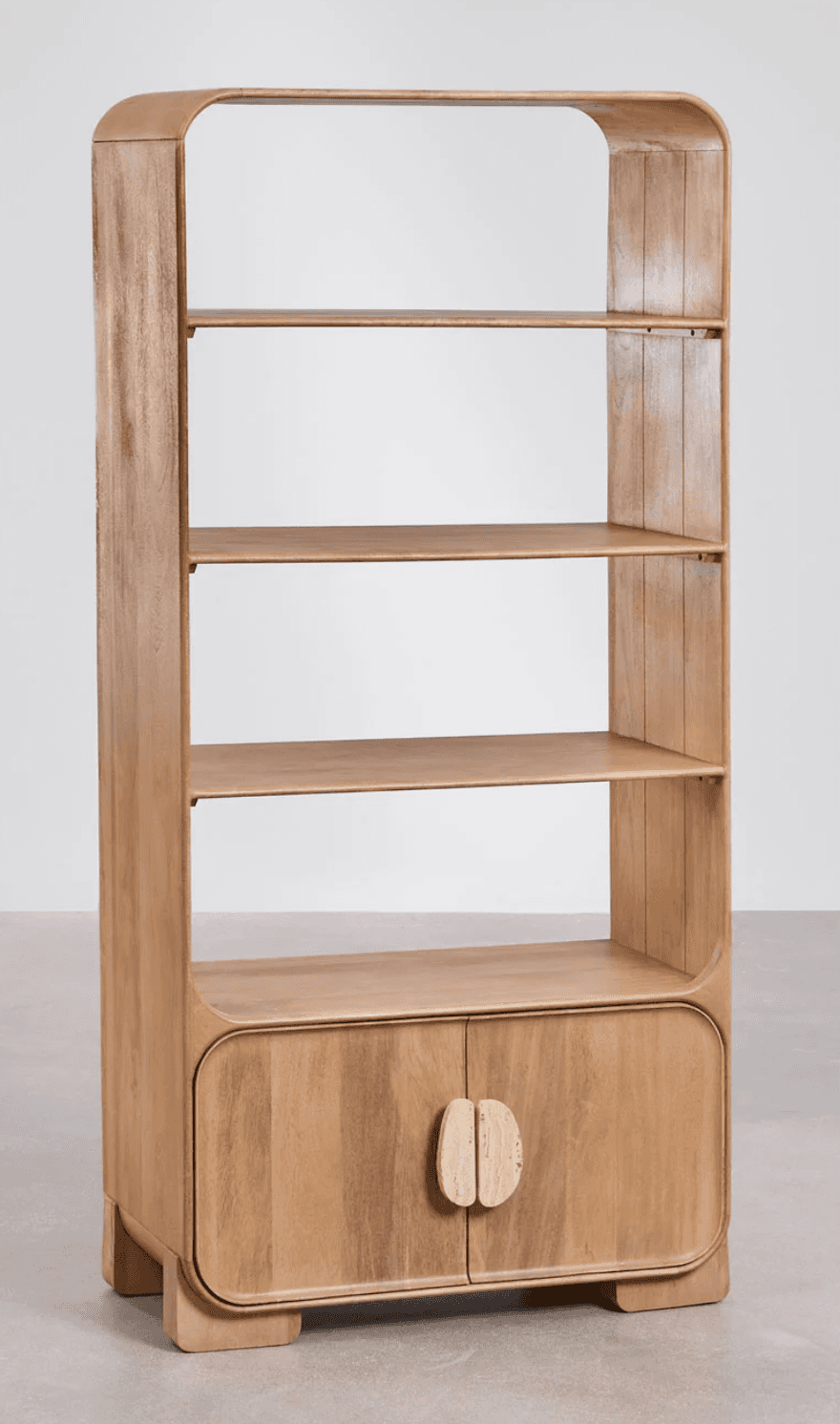 A modern, tall bookcase constructed from light-toned wood, featuring four open shelves in the upper… — 3D model