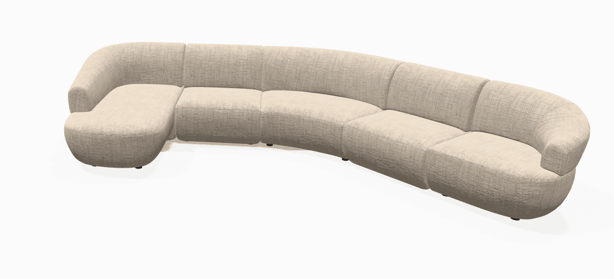 A large, contemporary curved modular sectional sofa featuring light beige textured fabric upholstery and an integrated left-hand chaise lounge. The sofa exhibits a low-profile silhouette with rounded edges and minimal visible legs. — 3D model