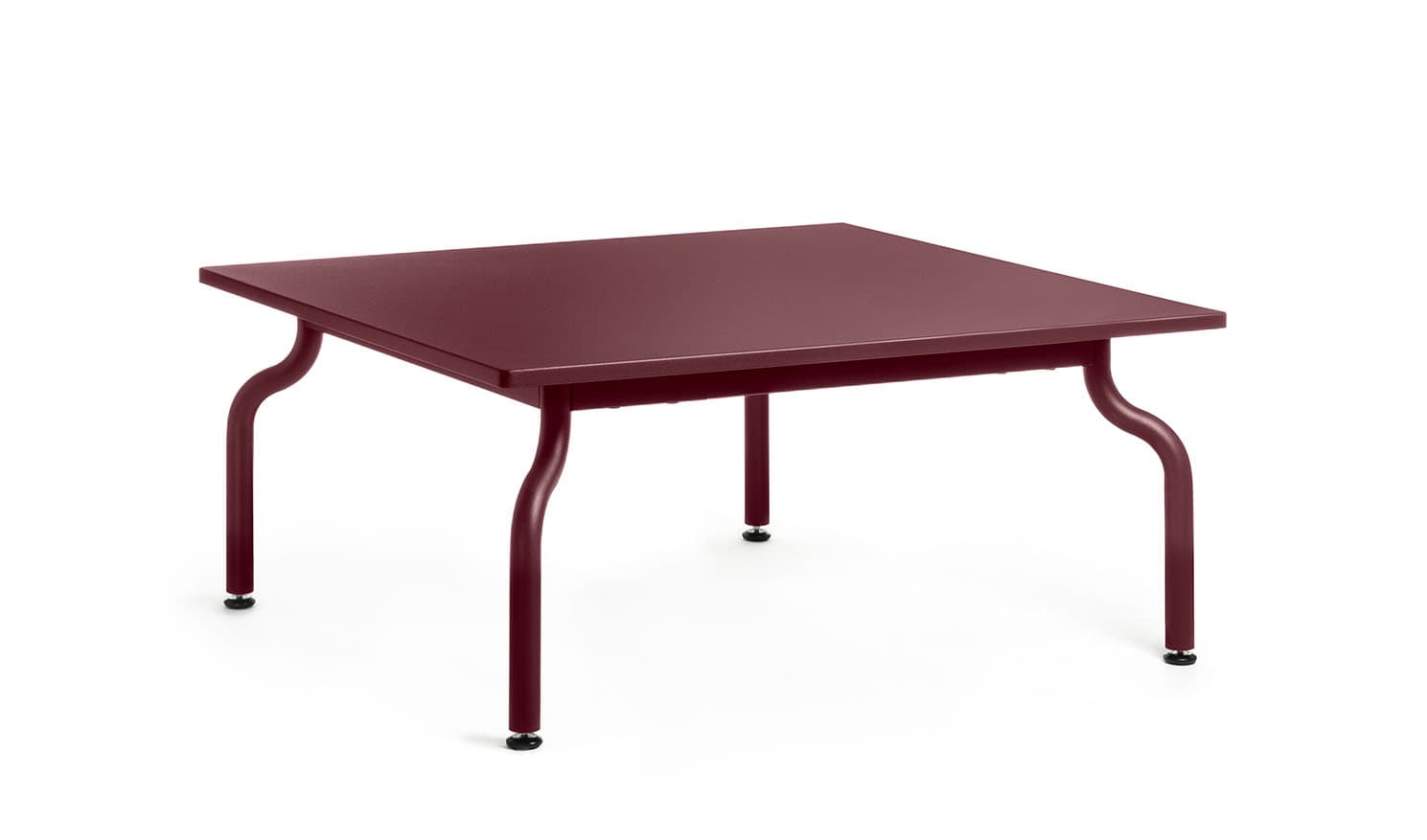 A square, low-profile table featuring a solid tabletop and distinctively curved tubular legs, all finished in a matte burgundy color. The table stands on black adjustable glides. — 3D model