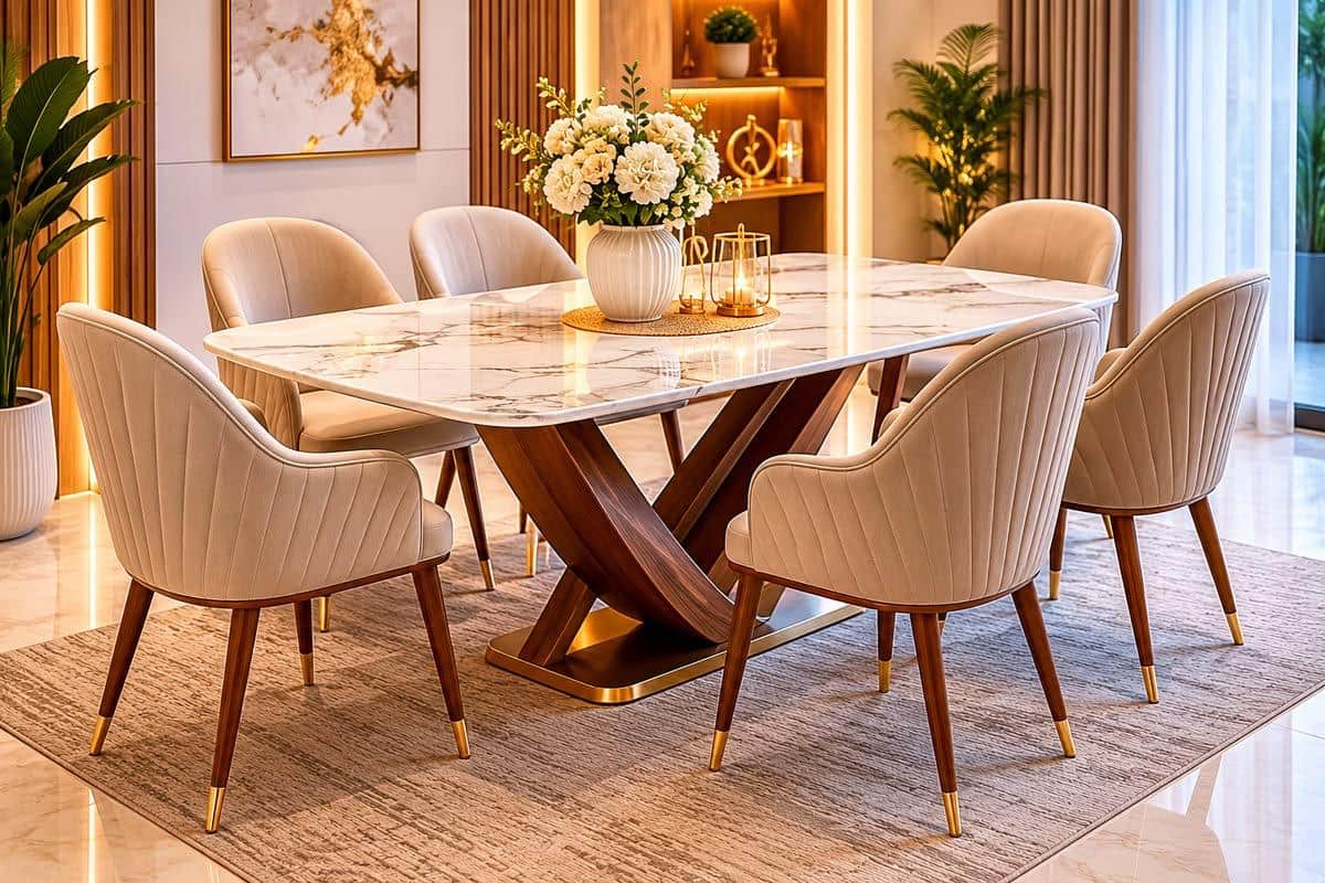 A contemporary dining table featuring a rectangular white marble top with subtle grey veining, set u… — free GLTF 3D model