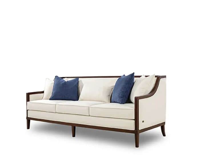 A contemporary three-seater sofa featuring an exposed dark wood frame, light cream fabric upholstery… — free STL 3D model