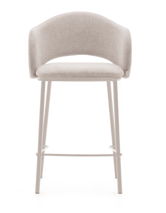 A contemporary bar stool featuring a fully upholstered seat and a curved backrest that subtly forms integrated armrests. The upholstery is a light beige, textured fabric. It is supported by four slender, straight metal legs that match the light color, and includes a circular metal footrest. — 3D model