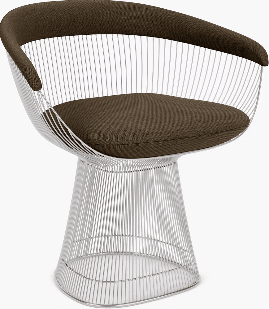 A mid-century modern lounge chair featuring a chrome-plated steel wireframe body with a dark brown upholstered seat and back cushions. The chair has a distinctive pedestal base formed from the continuous wireframe, creating a sculptural, open design. — 3D model