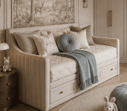 An upholstered daybed in a light beige fabric, featuring a quilted mattress and integrated storage d… — 3D model