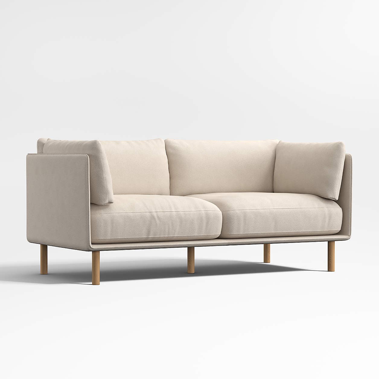 A two-seater sofa with clean lines and a minimalist design. It features a low profile, squared armrests, and plush cushions for the seat and back. The sofa is elevated by four slender, cylindrical wooden legs. — 3D model