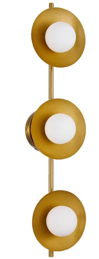 A vertical wall-mounted lighting fixture featuring three evenly spaced opalescent glass globes. Each… — free GLB 3D model