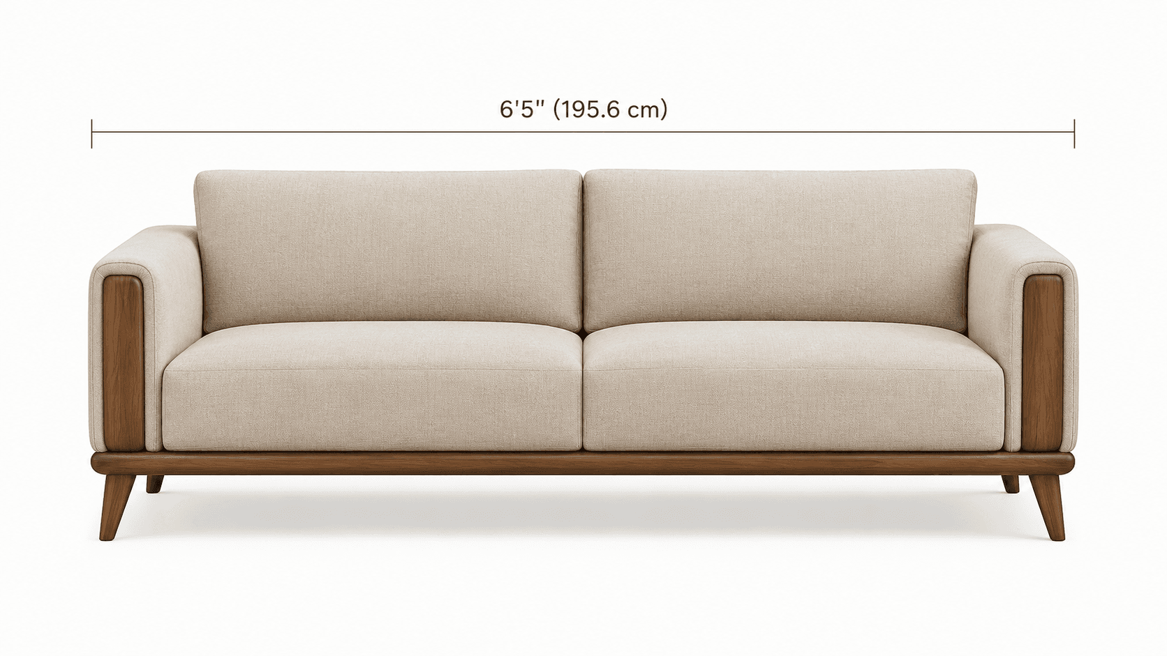 A contemporary or mid-century modern style sofa with an exposed dark wood frame and light beige fabric upholstery. The sofa features two seat cushions and two back cushions, giving it a two-seater configuration. The wooden frame is visible along the base, sides, and across the back, with integrated, slightly rounded armrests. It stands on four tapered wooden legs. — 3D model
