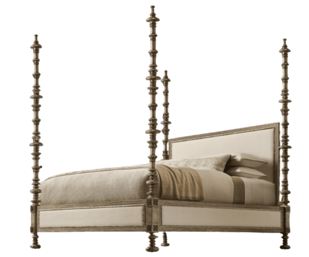 An elegant four-poster bed featuring richly turned wooden posts at each corner, an upholstered headb… — free GLB 3D model
