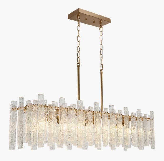 A rectangular chandelier featuring a brass-tone metal frame adorned with numerous vertical, rough-cut, textured clear glass panels. It is suspended by two chains connected to a rectangular ceiling canopy, providing overhead illumination. — 3D model