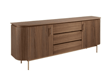 A modern dark walnut wood sideboard featuring two end cabinets with rounded corners, three central d… — 3D model
