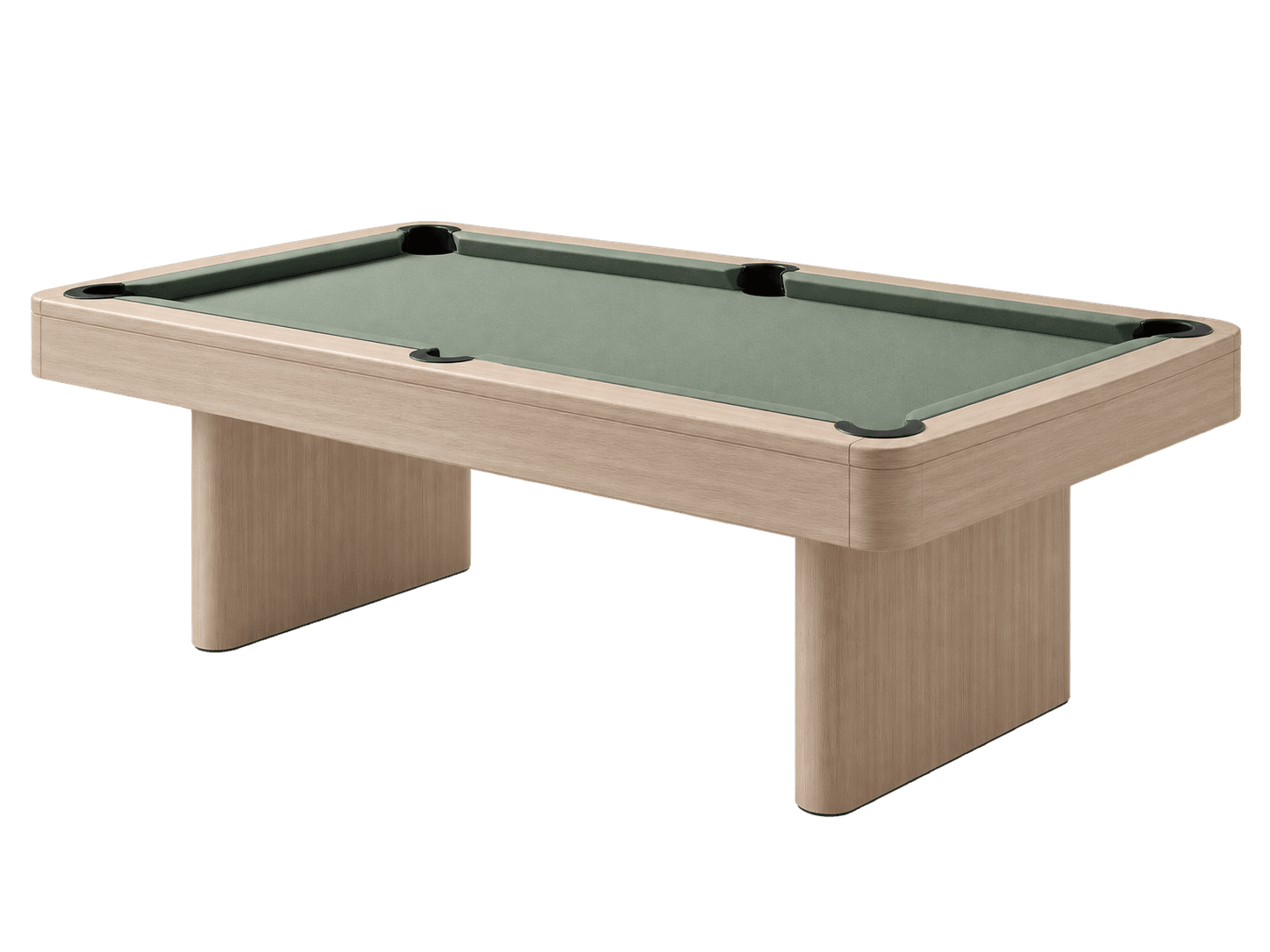 A modern pool table featuring a light wood frame and a green felt playing surface. The table has a minimalist design with rounded corners on the top rails and sturdy, thick pedestal-style legs. The pockets are integrated and finished in black. — 3D model