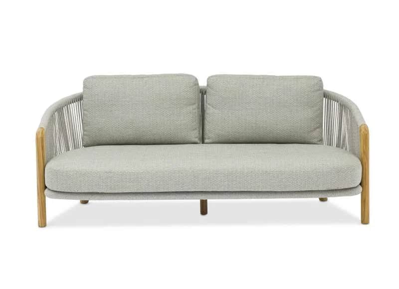 A two-seater sofa with a rounded back and arms, featuring a wooden frame on the sides and legs, and… — free GLTF 3D model