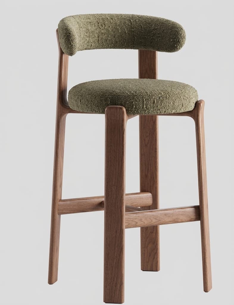 A modern bar stool featuring a solid wood frame with a curved upholstered backrest and a circular upholstered seat. The wood has a medium brown tone, and the upholstery is a textured, possibly boucle, fabric in a sage green color. The stool has four splayed legs with integrated footrests. — 3D model