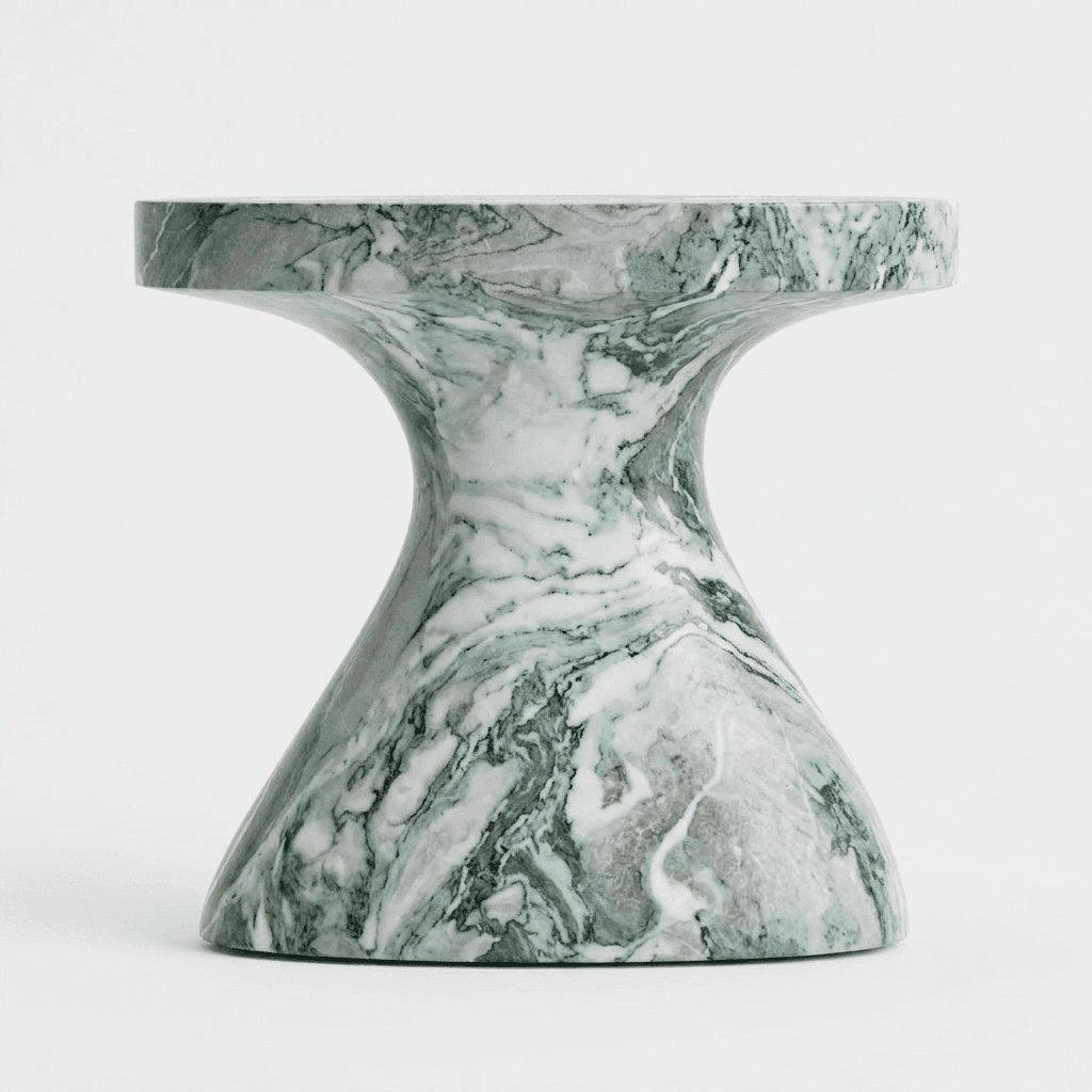 A side table with a distinct hourglass or spool-like silhouette. The tabletop is circular and flat, transitioning into a narrow, curved midsection that widens towards a stable, flared base. The entire piece is constructed from marble featuring a striking veined pattern of green and white, with some grey undertones. Its form is sculptural and modern. — 3D model