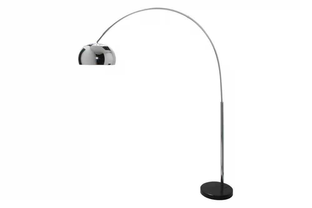 A modern arc floor lamp featuring a polished chrome-plated metal finish, a sleek arched stem, and a… — 3D model