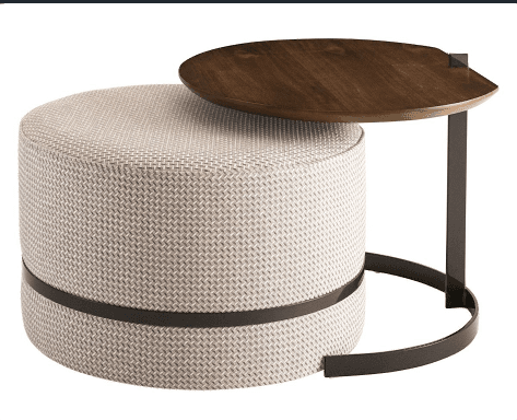 A contemporary round upholstered ottoman featuring a light-colored woven fabric, a dark decorative band, and an integrated wooden tray table supported by a dark metal frame. — 3D model