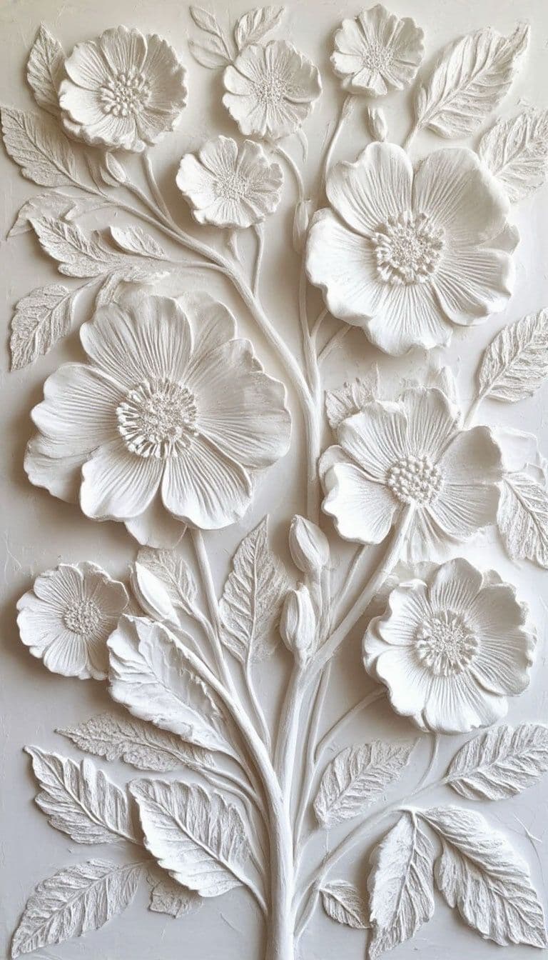 A rectangular, white decorative wall panel featuring a high-relief sculpture of blossoming flowers and leaves. — 3D model