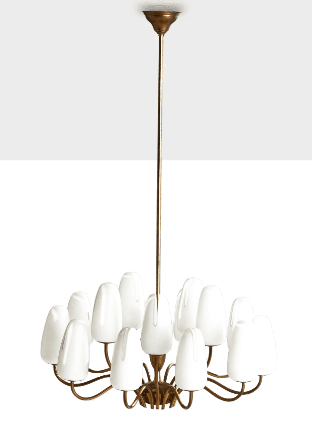 A vintage chandelier with a central brass stem and a circular arrangement of multiple arms, each supporting a white, opaque glass shade. The shades have a distinctive teardrop or flame-like shape. The overall design suggests a mid-century modern aesthetic. — 3D model