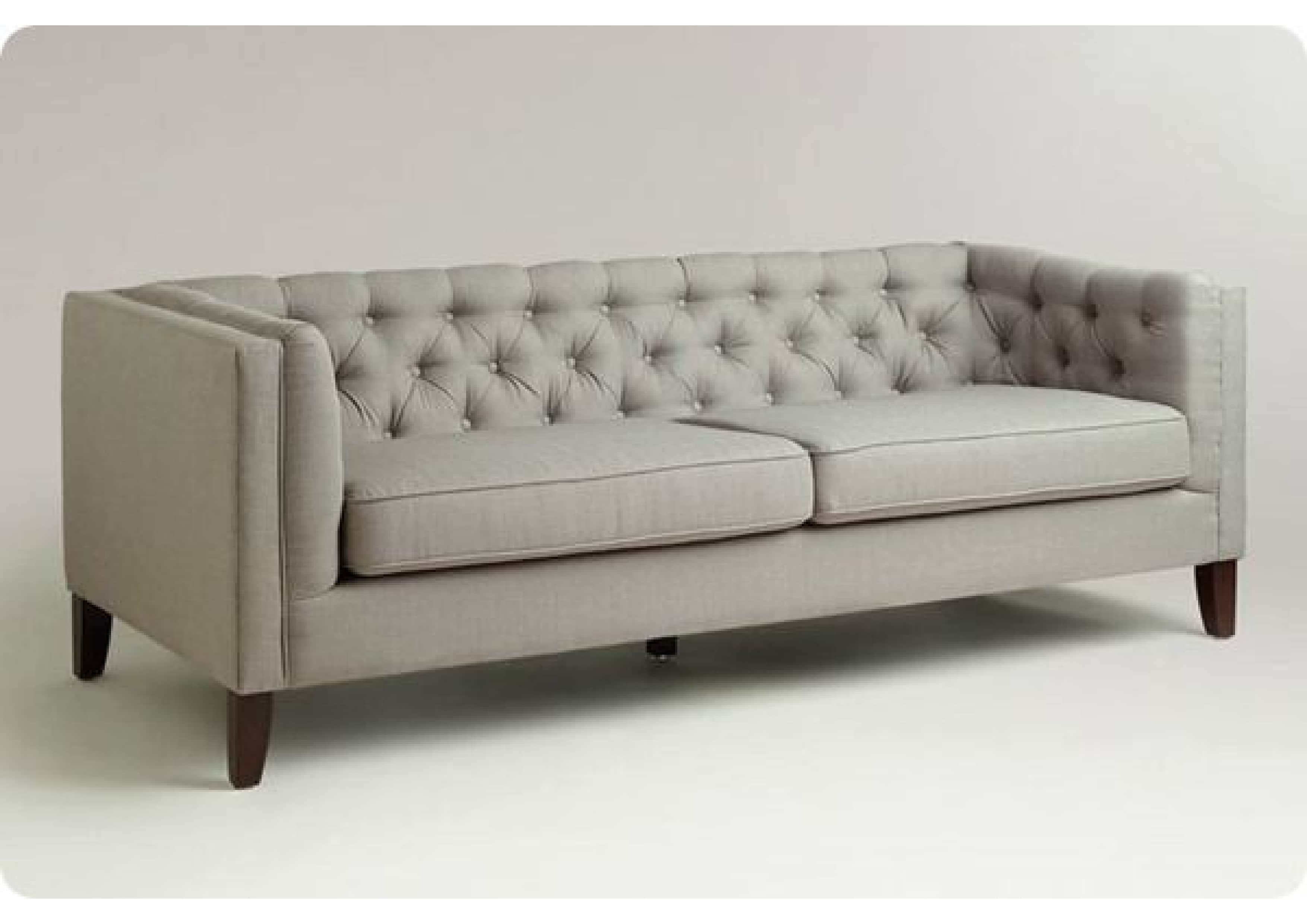 A contemporary two-seater sofa featuring a deep button-tufted backrest, sleek track arms, and two re… — free GLTF 3D model