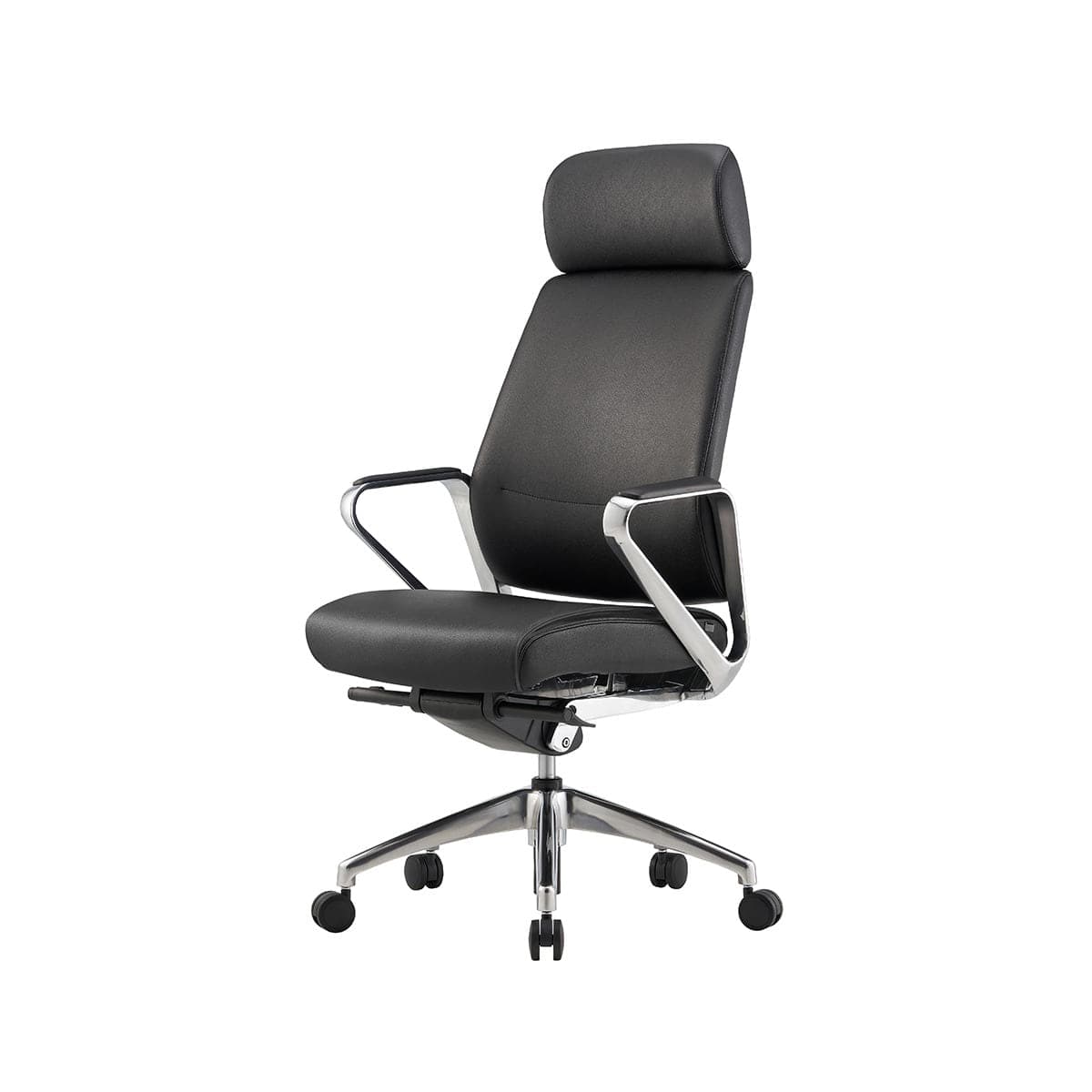 A modern high-back executive office chair featuring black upholstered seating surfaces, polished chrome armrests, and a five-star caster base for mobility and adjustable comfort. — 3D model