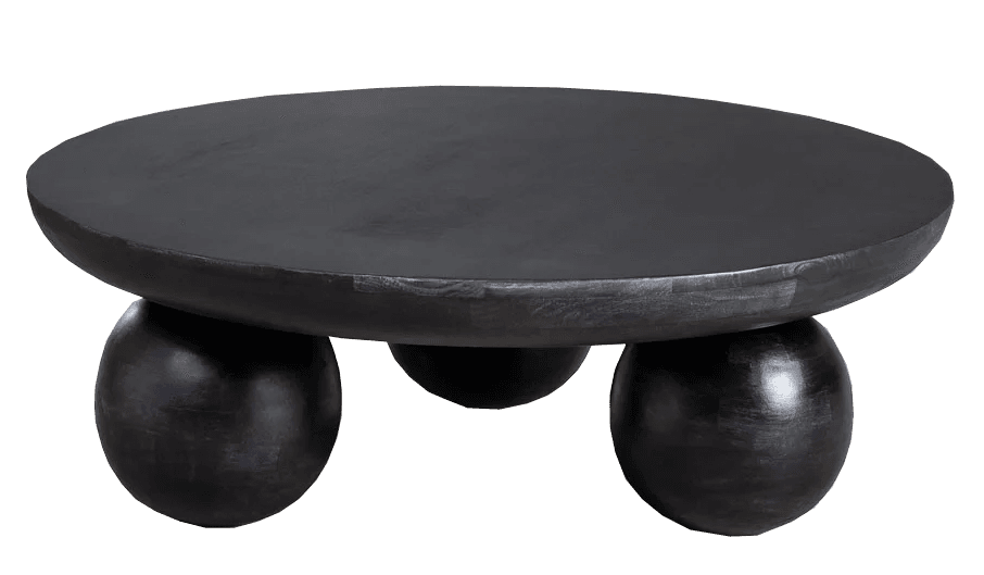 A low-profile, circular coffee table with a matte black finish. It is supported by three spherical legs, giving it a sculptural and modern appearance. The tabletop has a slightly beveled edge. — 3D model