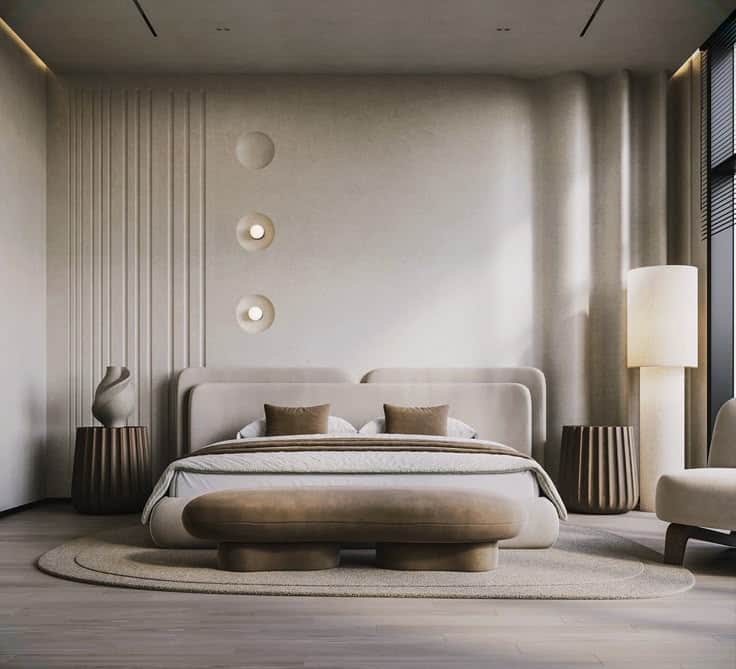 A modern upholstered bed featuring a distinctive multi-panel headboard and a coordinating foot bench… — free OBJ 3D model