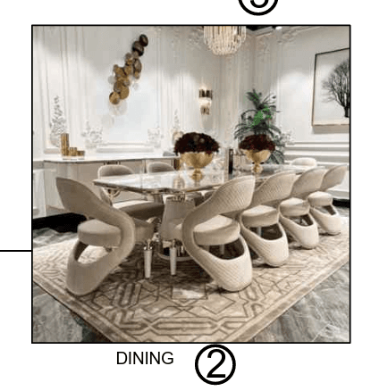 A complete modern dining set featuring a rectangular table with a light-colored surface and chrome legs, accompanied by six matching sculptural dining chairs upholstered in a light, textured fabric, each with a swivel base. — 3D model