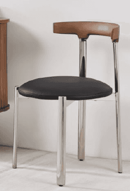 A modern chair featuring a circular black upholstered seat, a curved light wood backrest, and a poli… — 3D model