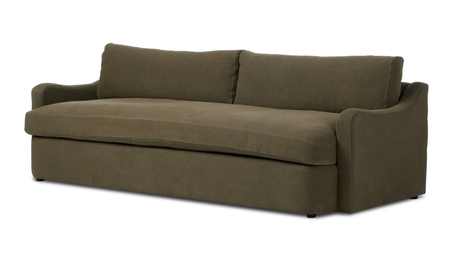 A two-seater upholstered sofa in a dark olive-green fabric, featuring soft, slightly rolled arms and plush loose back cushions. — 3D model
