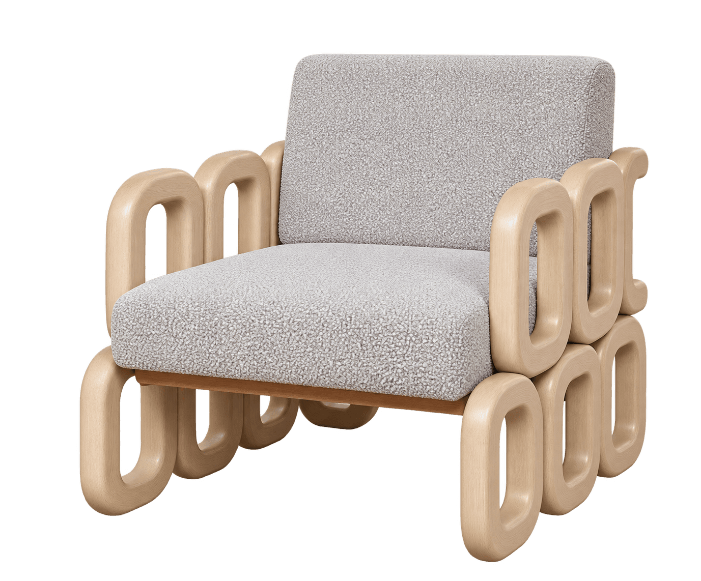 A contemporary armchair featuring a distinctive frame made from interconnected, rounded, looped wood… — 3D model