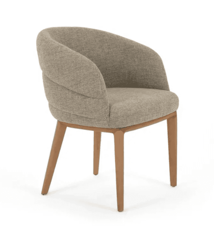 A modern armchair with a curved, upholstered back and seat, supported by four wooden legs. The uphol… — 3D model