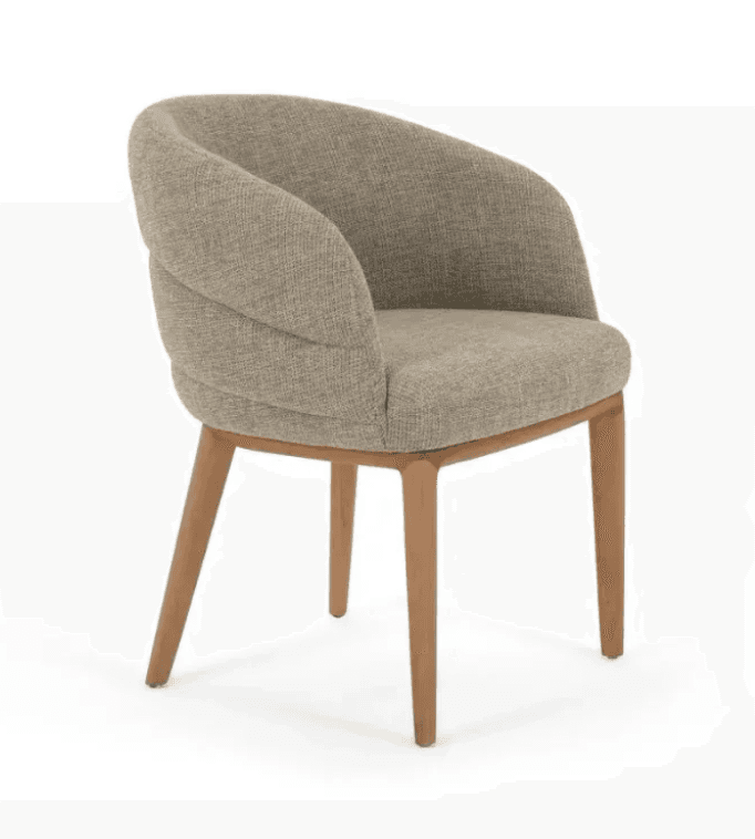 A modern armchair with a curved, upholstered back and seat, supported by four wooden legs. The upholstery features a textured weave and subtle vertical tufting or paneling on the backrest. — 3D model