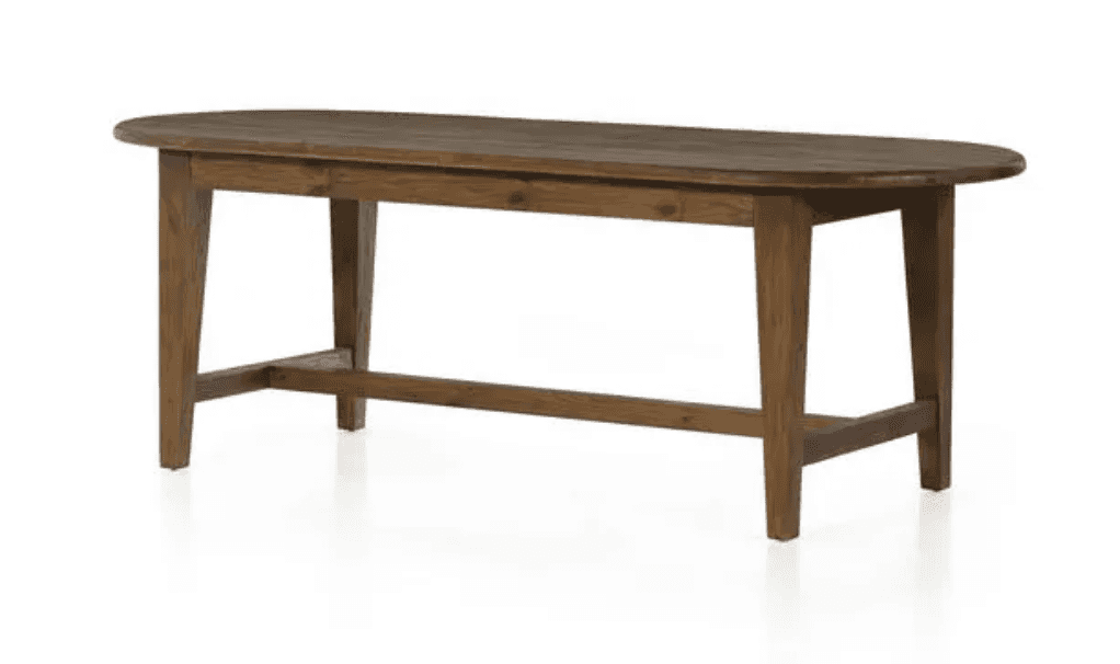 A wooden dining table with an oval-shaped top and four tapered legs connected by a lower stretcher f… — 3D model