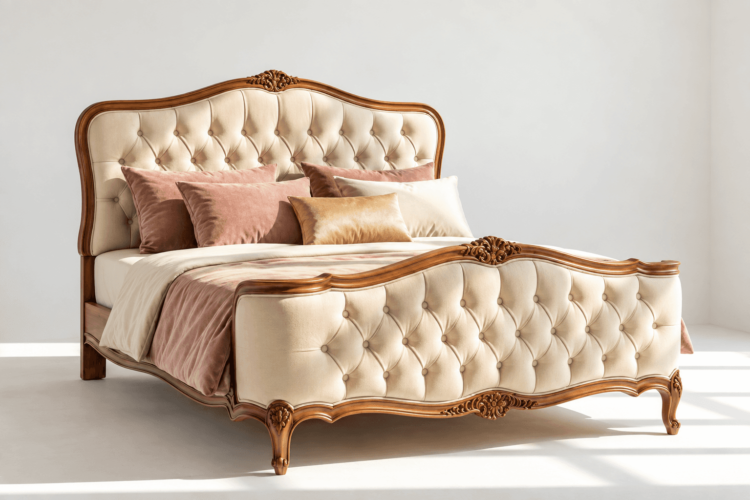 A traditional style bed featuring an ornate carved wooden frame in a medium brown finish, paired wit… — 3D model